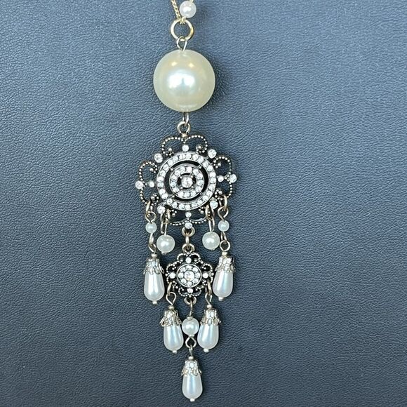 Plunder Design Brand Long Crystal & Faux Pearl Dangle Charm Station Necklace - Picture 1 of 6